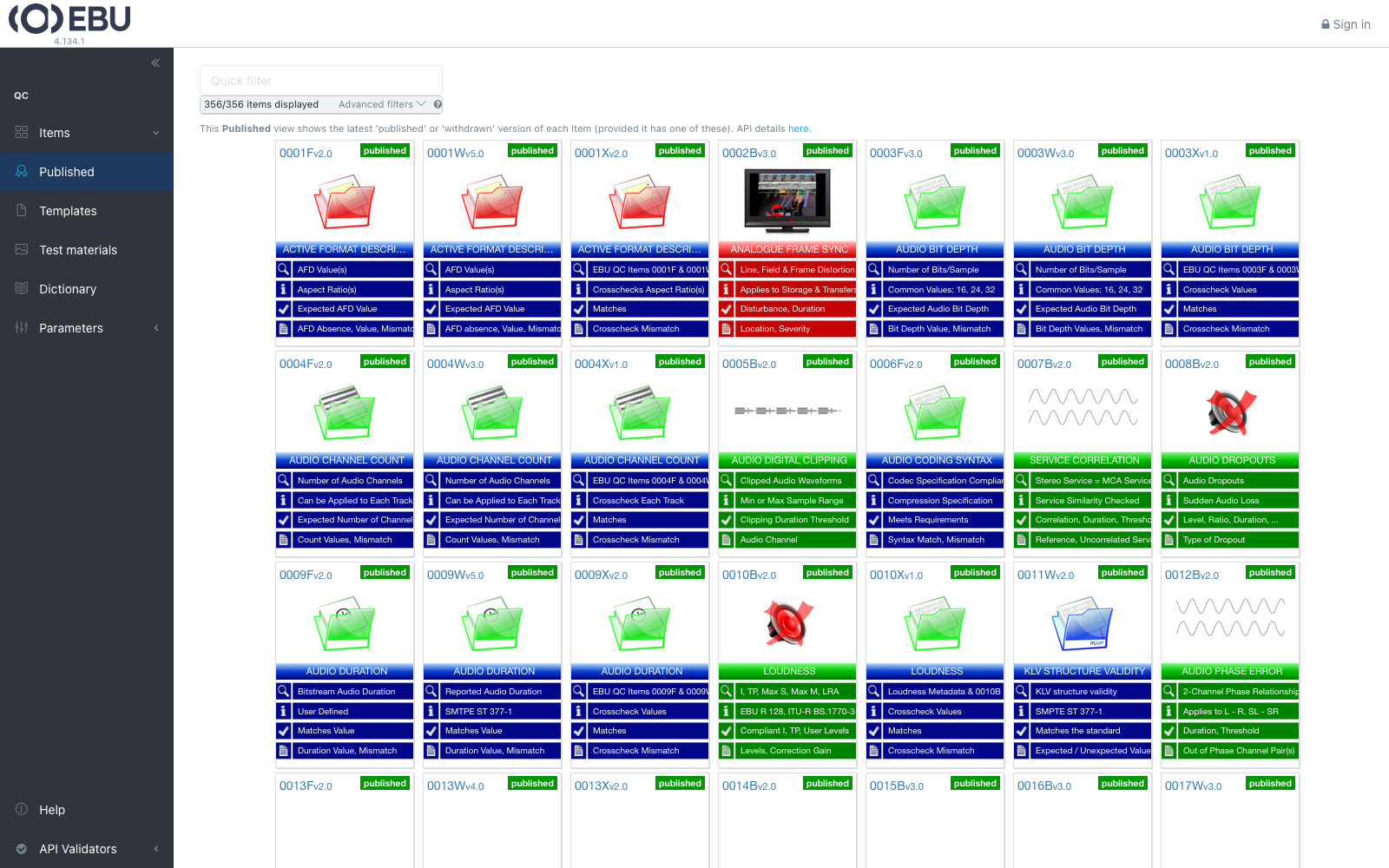 The qc.ebu.io Items view, showing the QC Item cards in a grid